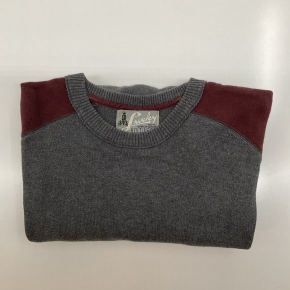 Lucky Brand Sweater Long Sleeve Gray/Maroon Lightweight Crew Neck 100% Cotton L - Picture 8 of 9